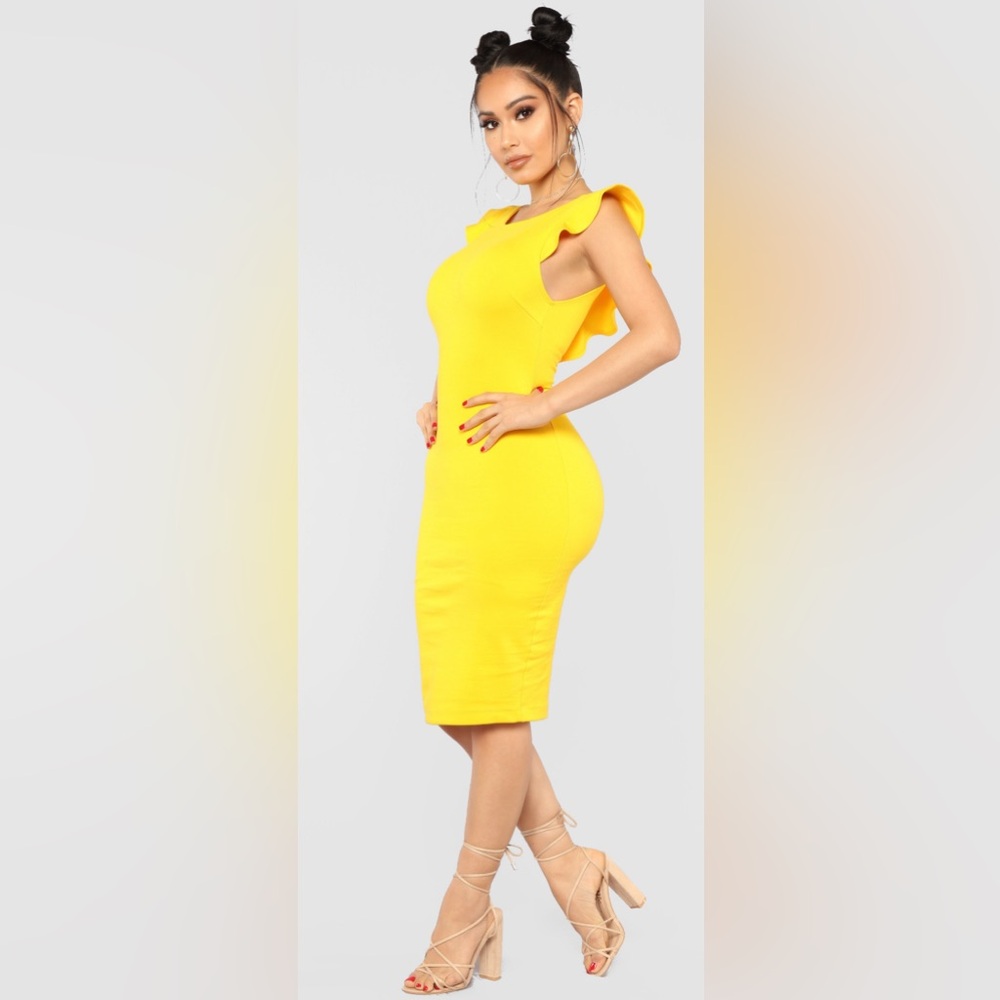 Yellow Ruffle Sleeve Bodycon Dress - Picture 3 of 4